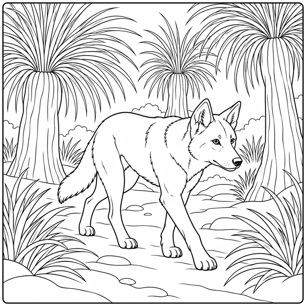 Dingo walks between tall grass trees with long arching leaves in a rocky forest
