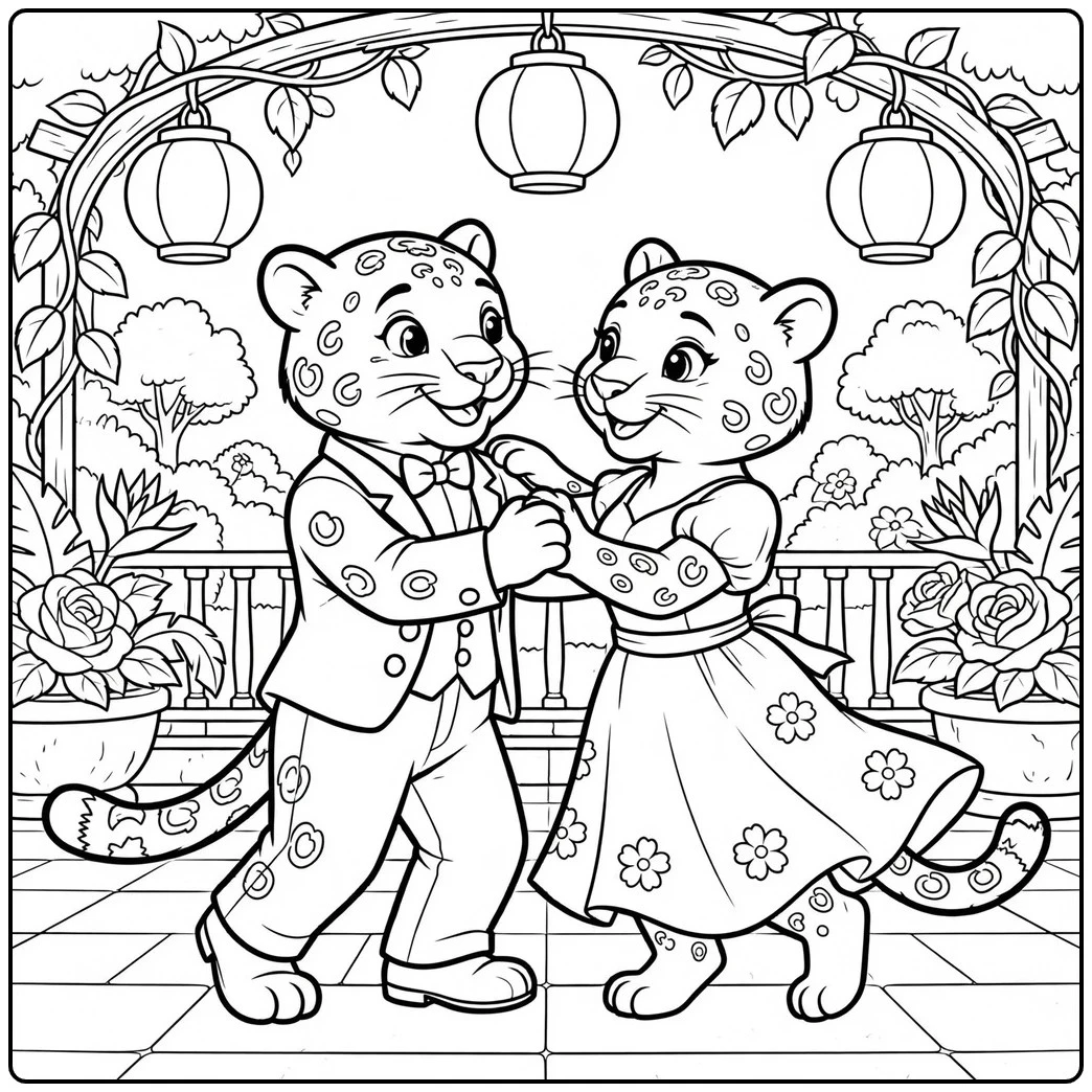 Two dressed-up jaguars dancing together beneath hanging lanterns on a garden terrace