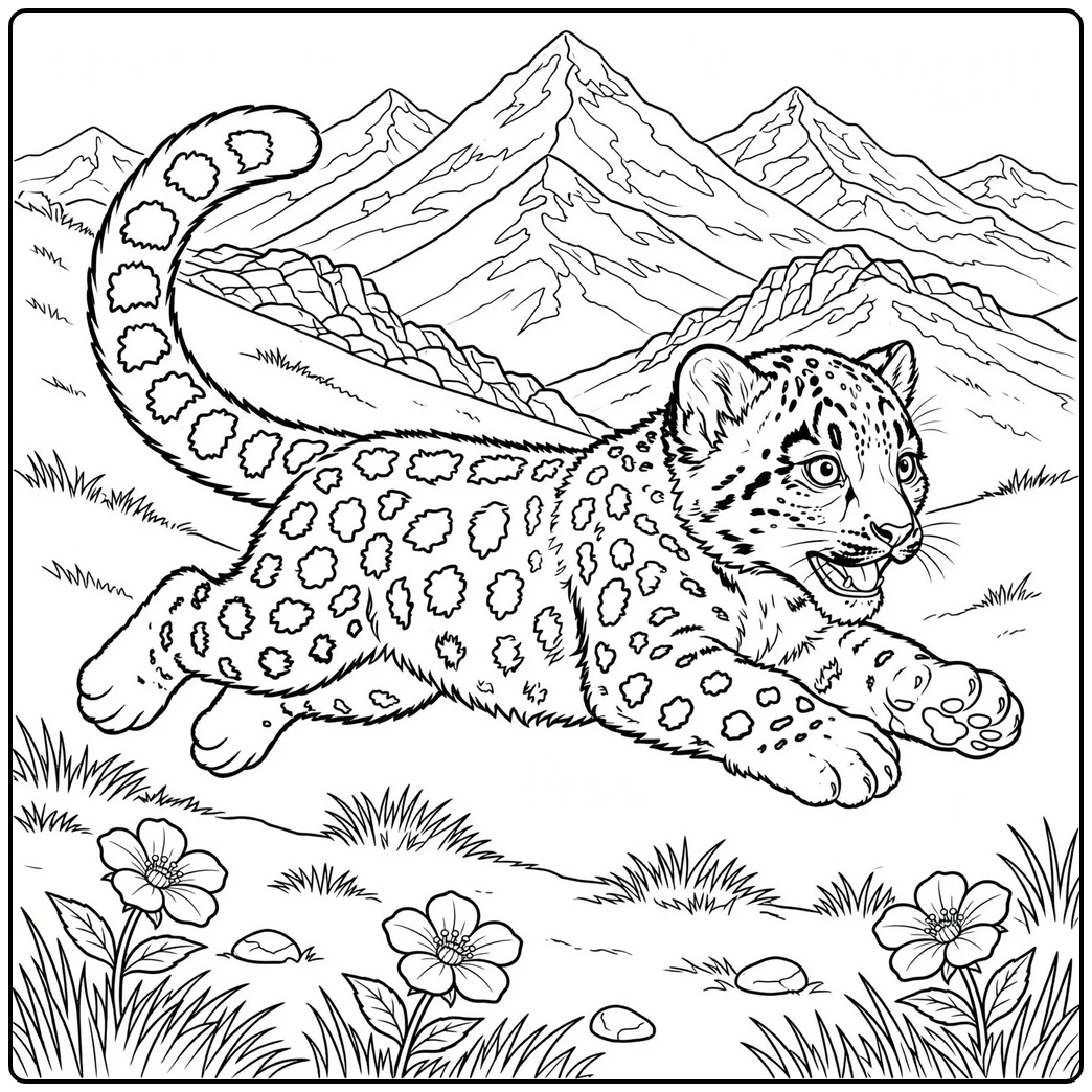 A running cub among alpine flowers in a snow leopard coloring page with mountain peaks
