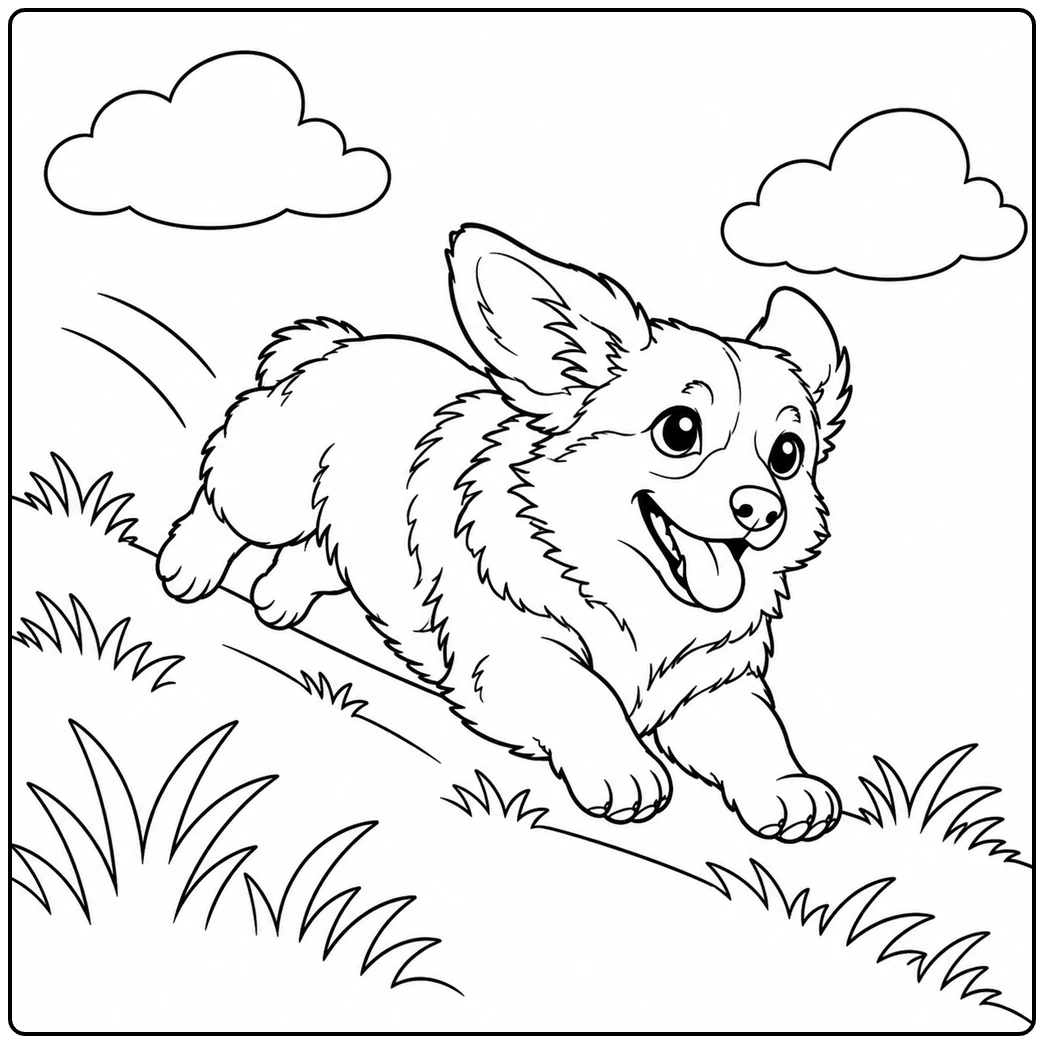 Running downhill with ears lifted, this corgi coloring page shows an excited pup