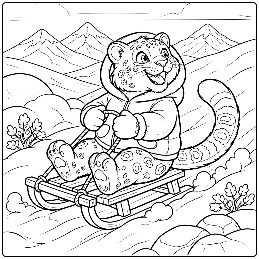 A bundled-up snow leopard riding a wooden sled downhill with snowy mountains behind
