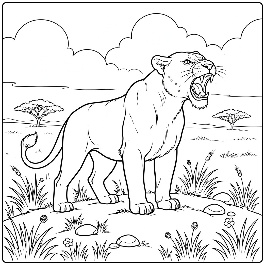 Fierce lioness stands on a grassy rise with fangs exposed beneath broad clouds