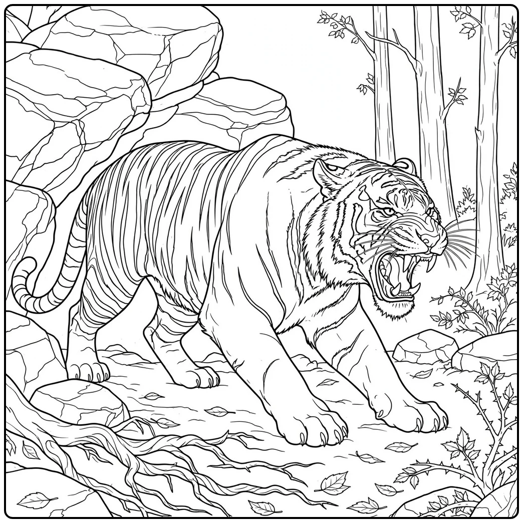 Scary tiger coloring page with a snarling predator stalking through a rocky forest
