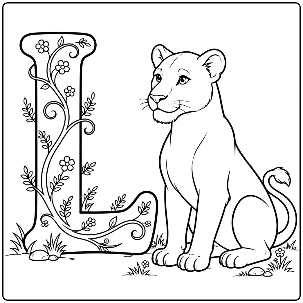 Seated lioness poses beside a floral letter L with curling vine details