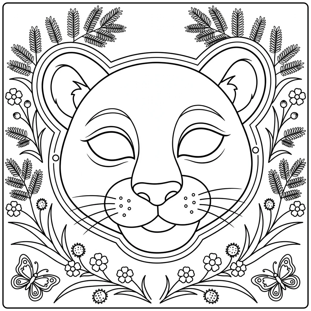 Floral lion mask coloring page with eye openings, ferns, flowers, and butterflies