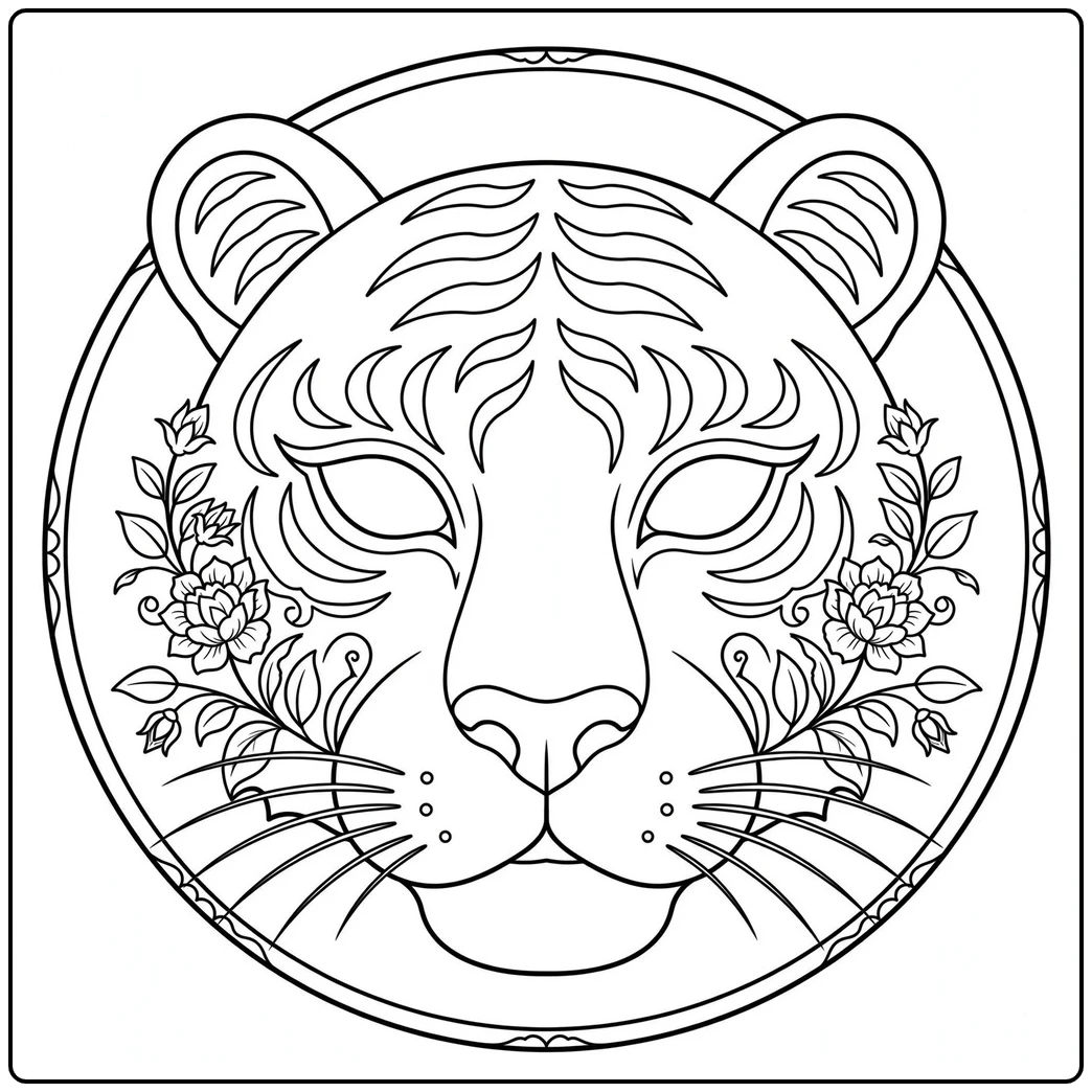 Floral cheek ornaments surround a tiger mask coloring page inside a round frame