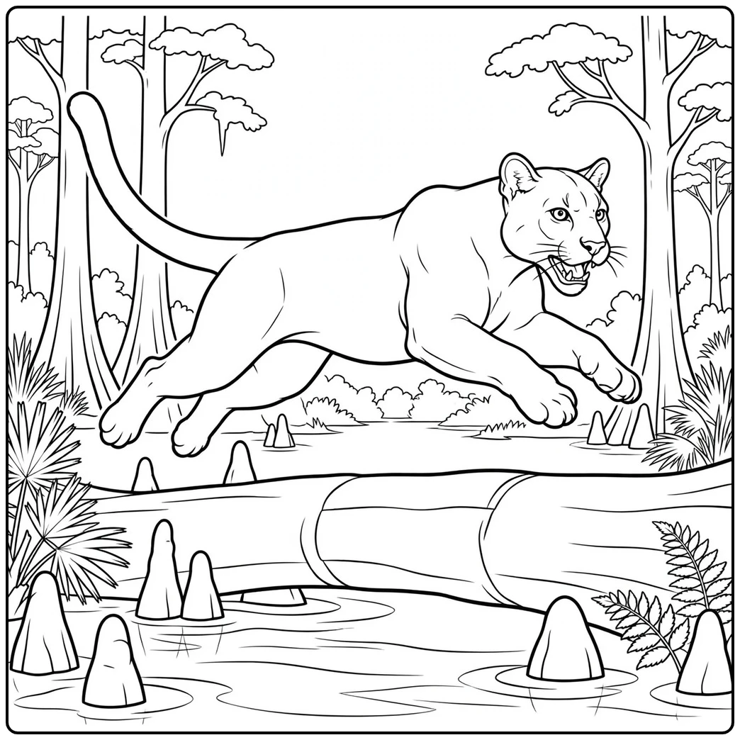 Florida panther leaping over a fallen cypress log above shallow swamp water