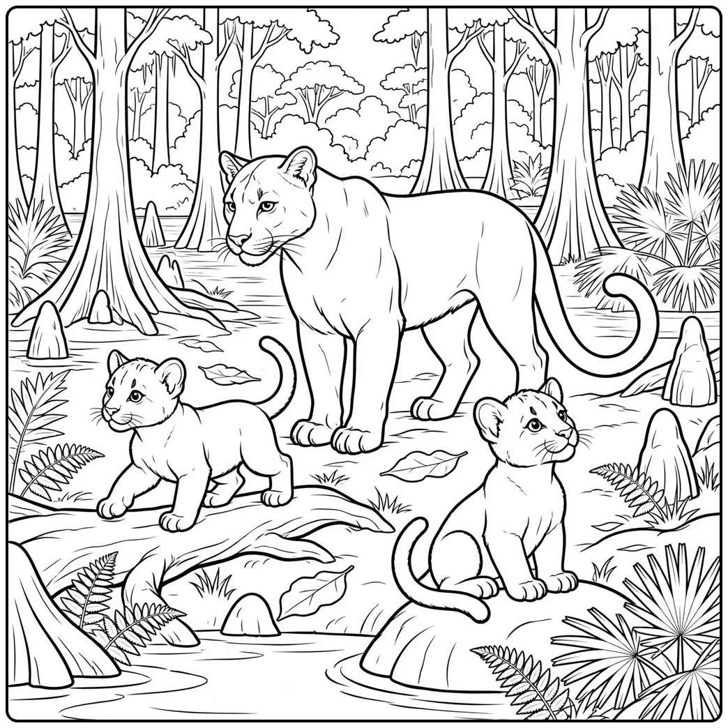 Mother Florida panther watching two cubs explore a cypress swamp clearing