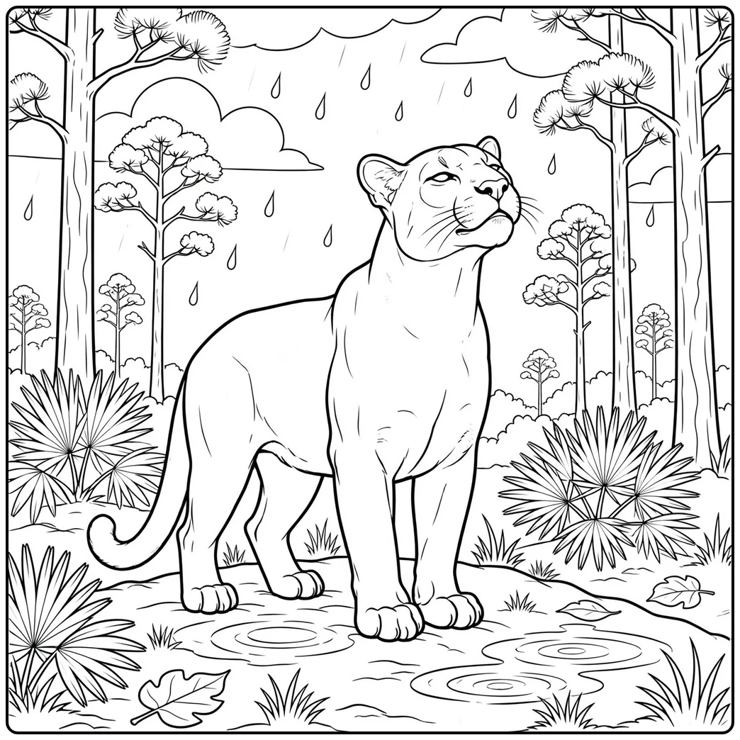 Relaxed adult in a florida panther coloring page standing calmly in gentle rain