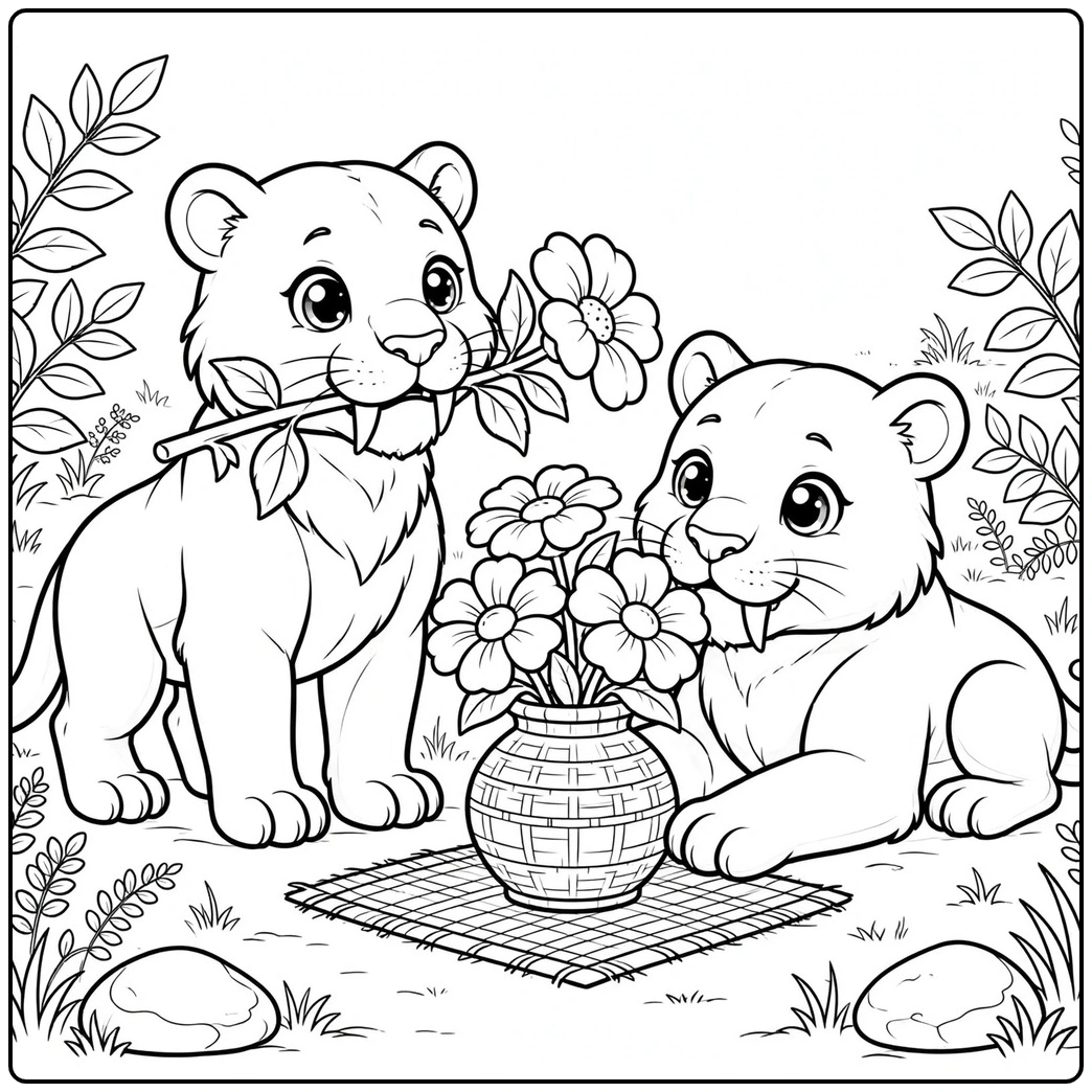Flower-filled saber tooth tiger coloring page with two cats beside a woven vase