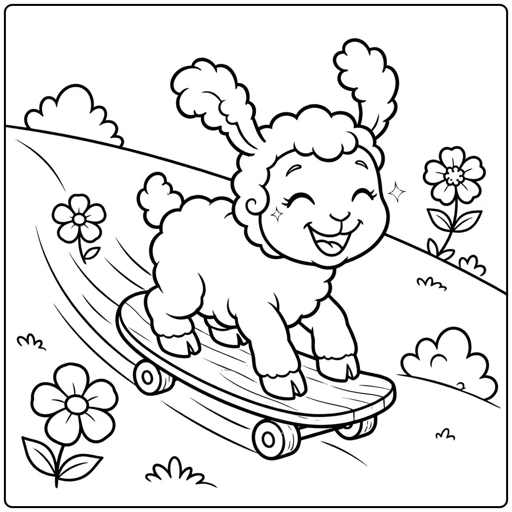 Happy lamb riding a skateboard downhill in a lamb coloring page with flowers and bushes