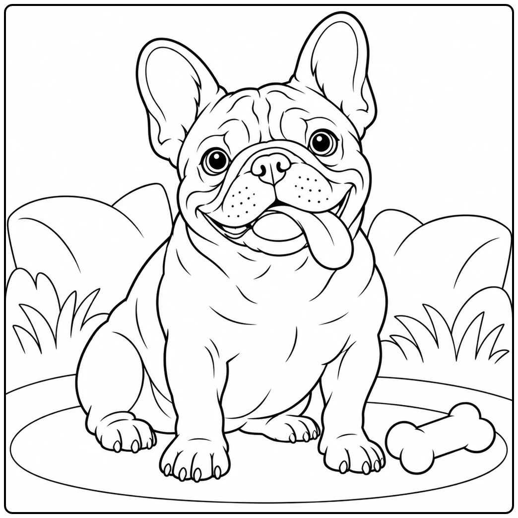 Smiling dog sits beside a bone in this french bulldog coloring page outdoors