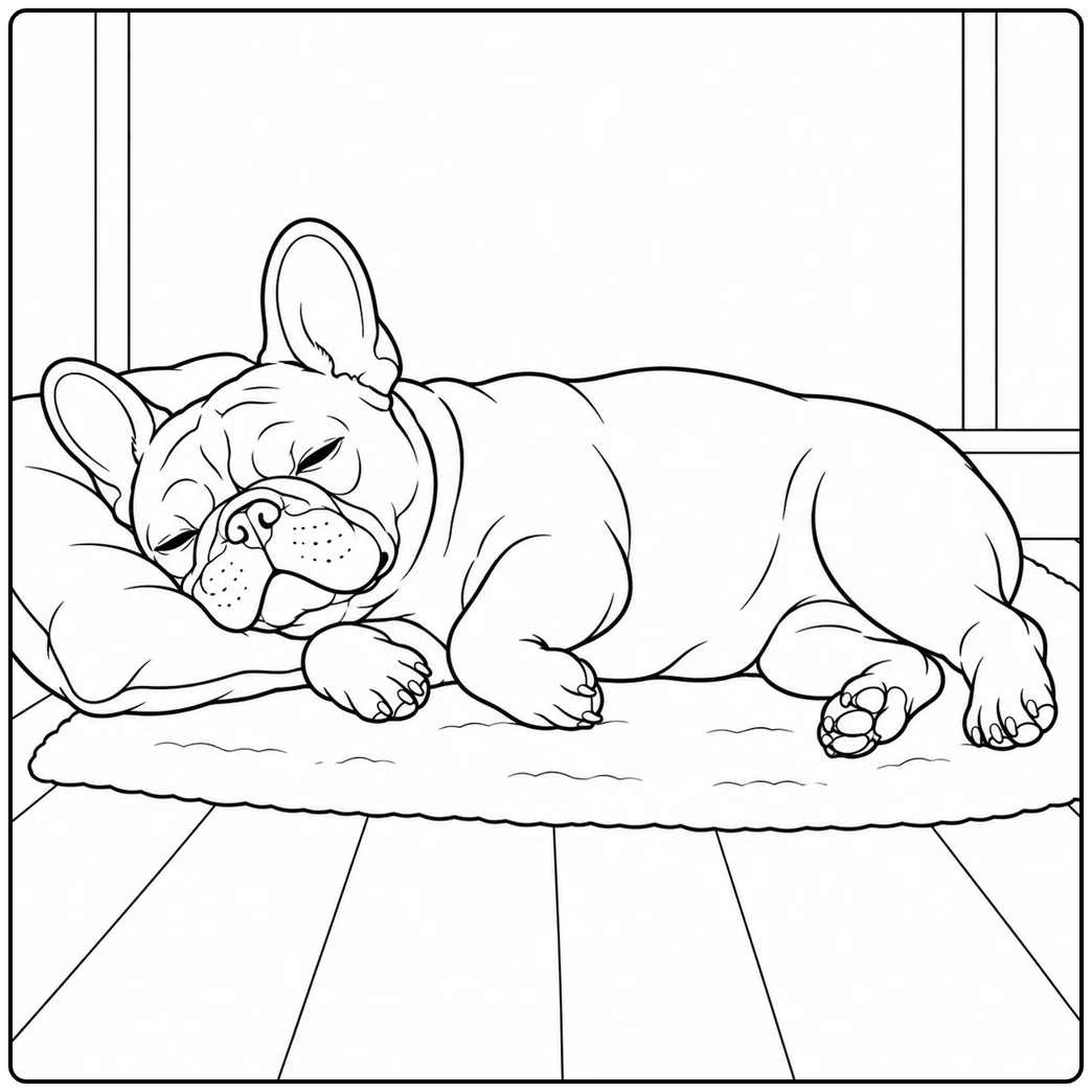 Sleeping French Bulldog rests on a pillow and soft rug with eyes gently closed