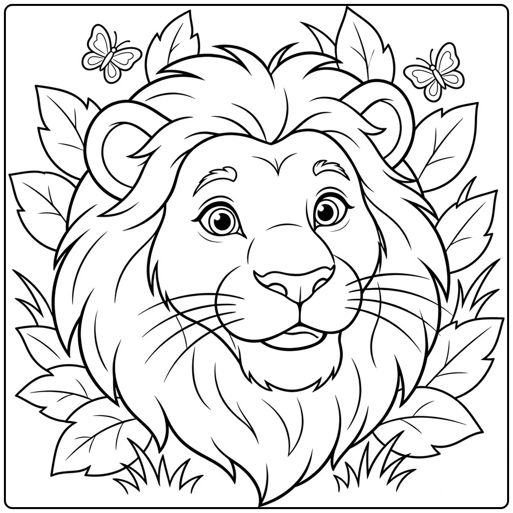 Friendly lion face framed by leaves and butterflies for a preschool coloring activity