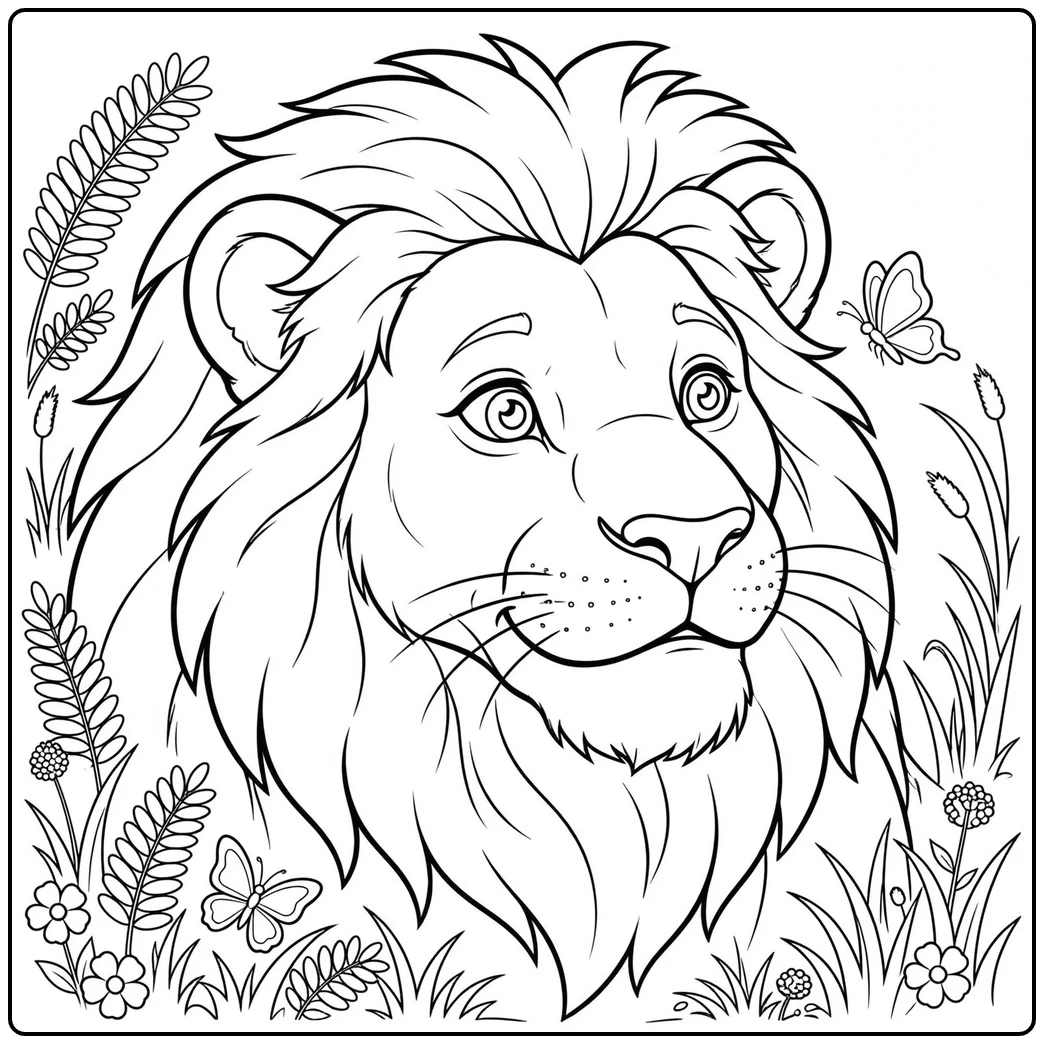 Friendly lion head coloring page framed by ferns, flowers, and butterflies