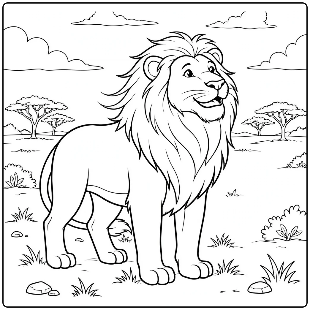 Friendly adult male lion stands calmly on simple savanna ground with clouds