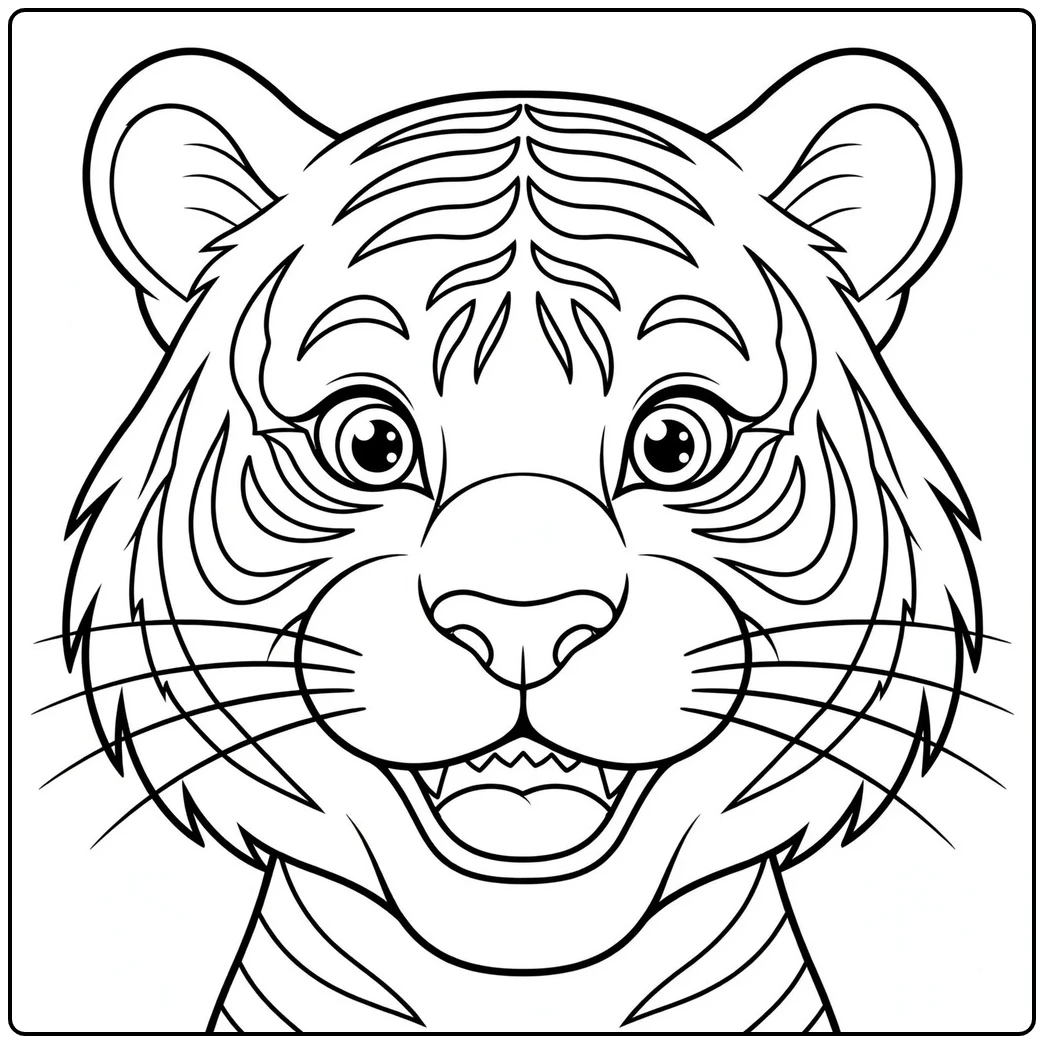 Friendly tiger head coloring page with wide eyes, a smiling mouth, and small fangs