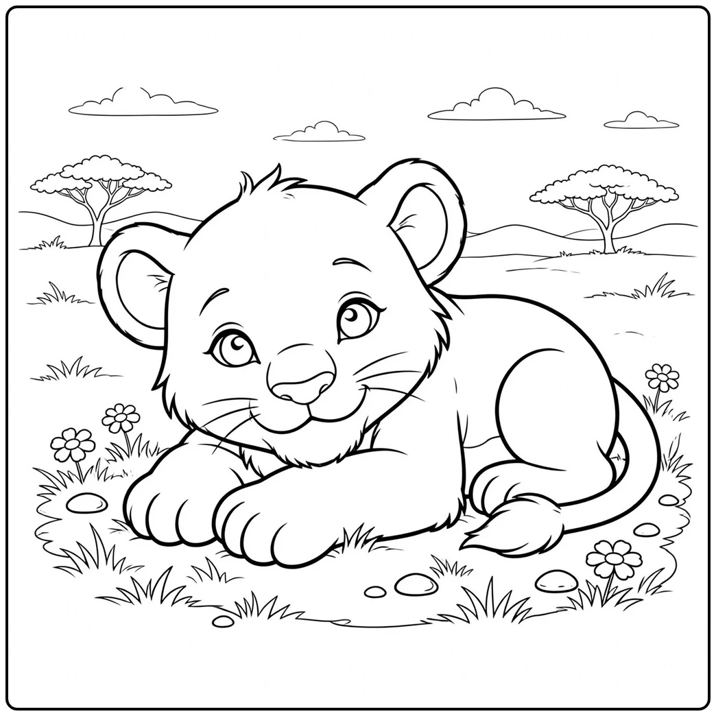 Resting cub lies among flowers in a cute baby lion coloring page with acacia trees