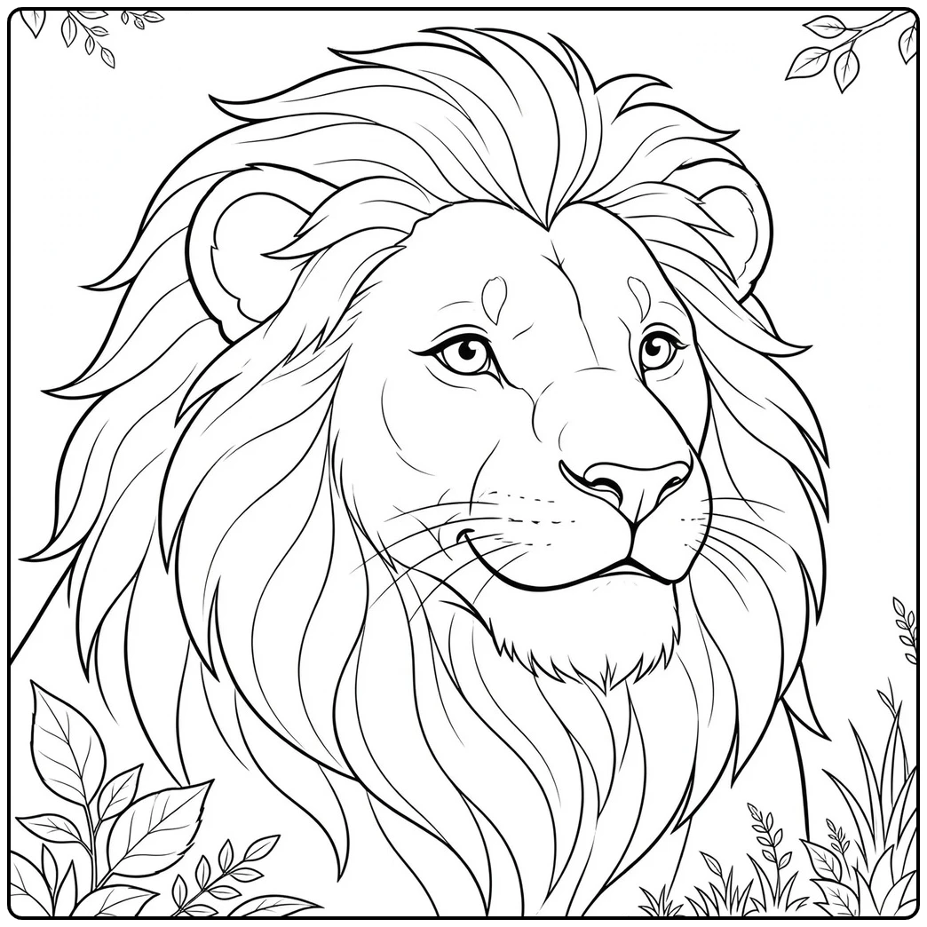 Gentle male lion portrait with flowing mane framed by leaves and grass