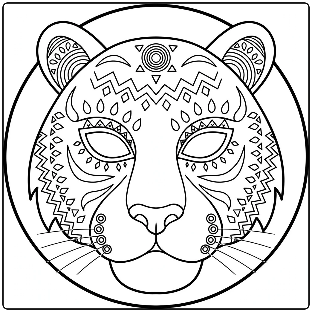 Symmetrical tiger mask filled with zigzags, diamonds, teardrops, and circular motifs