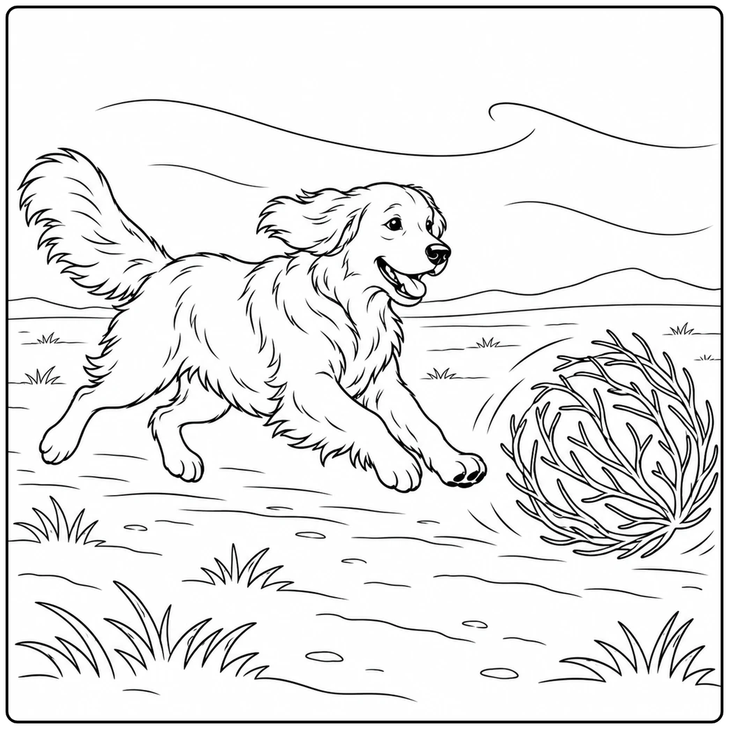 A dog races after a rolling tumbleweed in this golden retriever coloring page