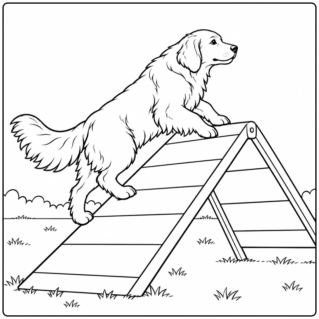 Golden Retriever climbs a wooden A-frame ramp with its front paws near the top