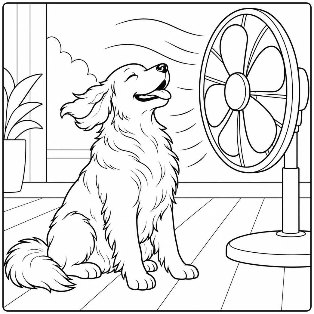 Golden Retriever sits happily in front of a large fan as its floppy ears blow backward