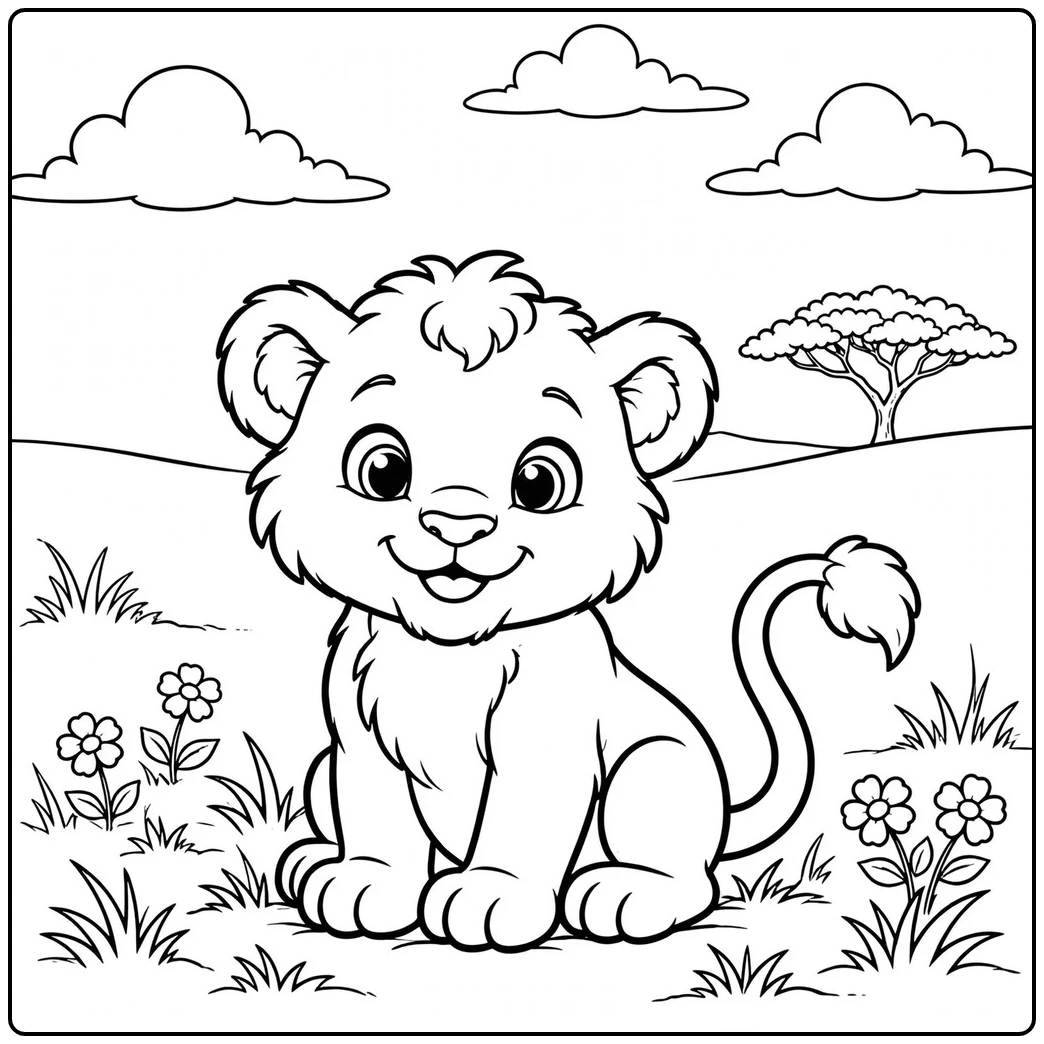 Smiling baby lion sits among flowers with clouds and an acacia tree behind