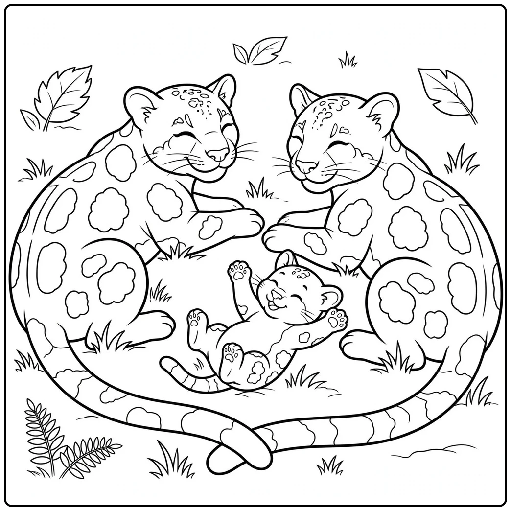 Clouded leopard family coloring page with two adults relaxing around a playful cub