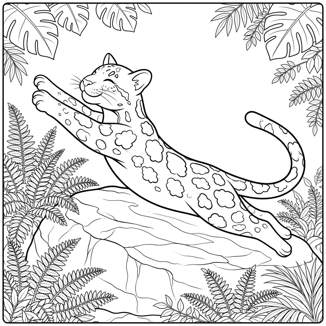 Clouded leopard coloring page featuring a happy leopard stretching across a large rock