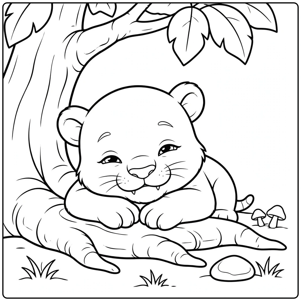 Smiling saber tooth cub resting on exposed tree roots beside mushrooms and stones