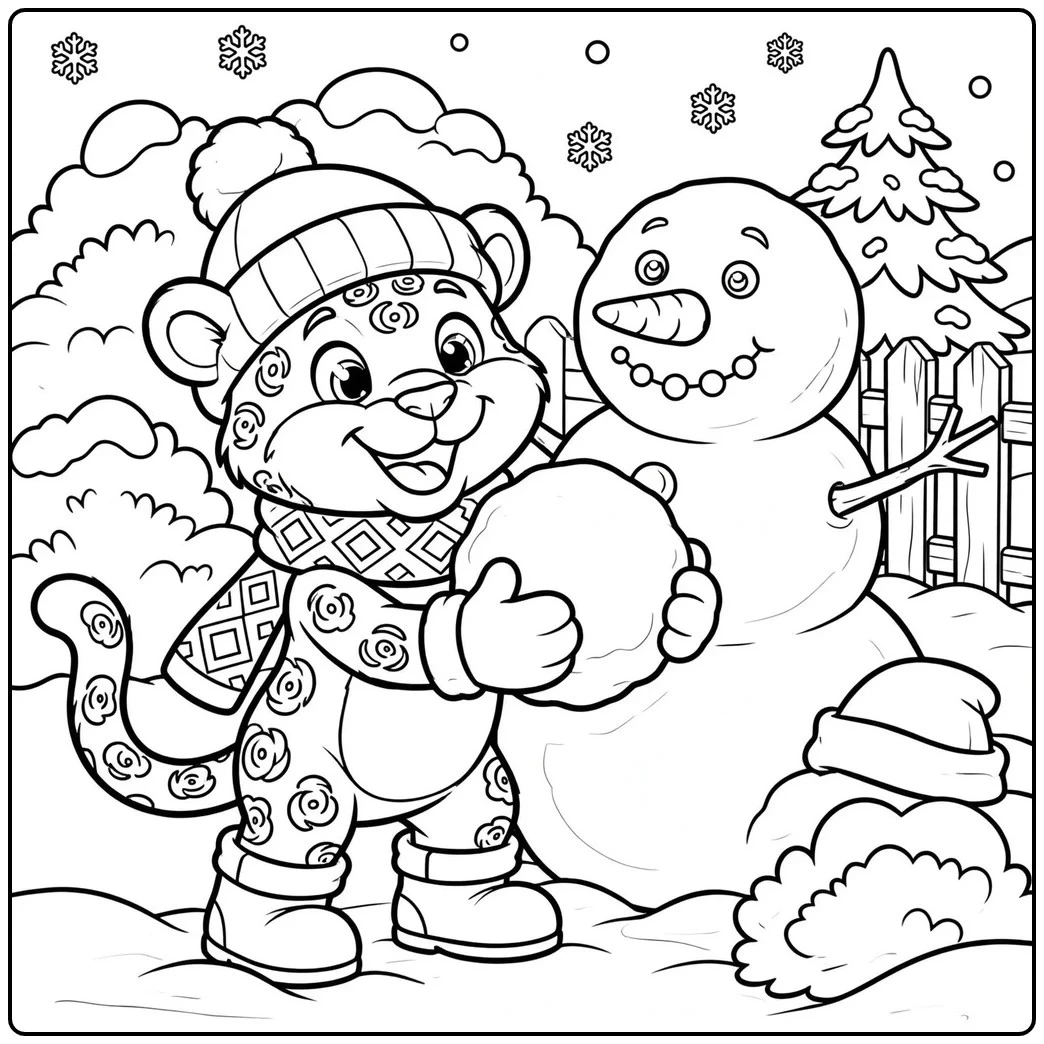 Smiling jaguar wearing a winter hat and scarf while holding a snowball beside a snowman