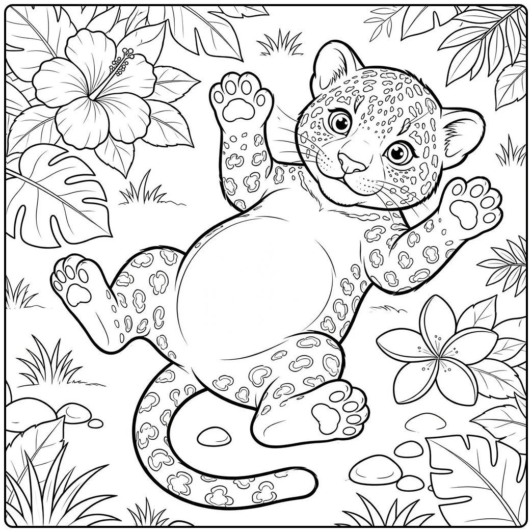 Baby jaguar coloring page featuring a happy cub rolling on its back among tropical flowers