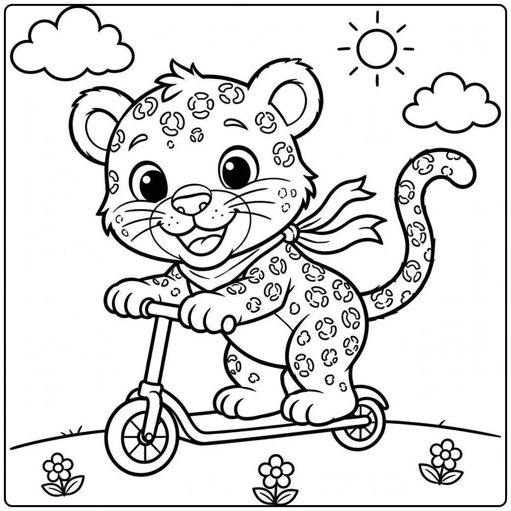 Smiling leopard cub rides a scooter outdoors with a scarf blowing behind