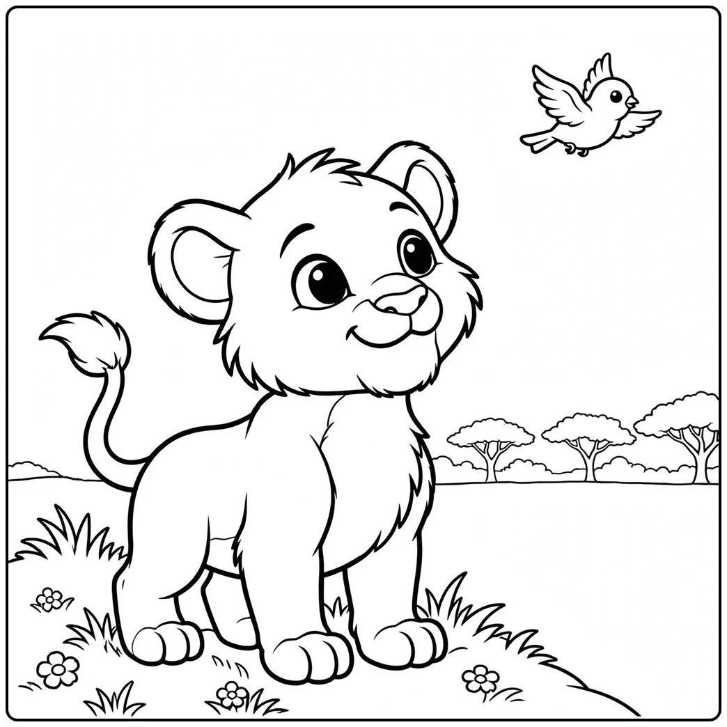 Happy cub looks up at a small bird while flowers and acacia trees fill the background