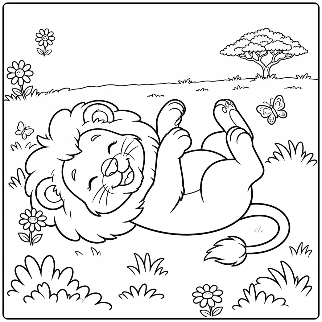 Happy male lion rolls on his back among flowers, grass, and a nearby butterfly
