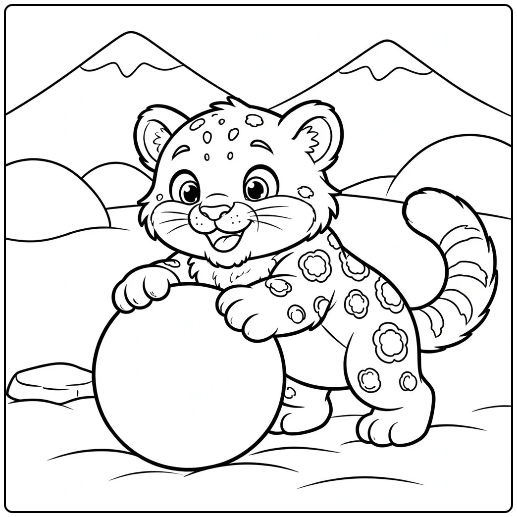 A smiling cub pushing a large snowball in a snow leopard coloring page