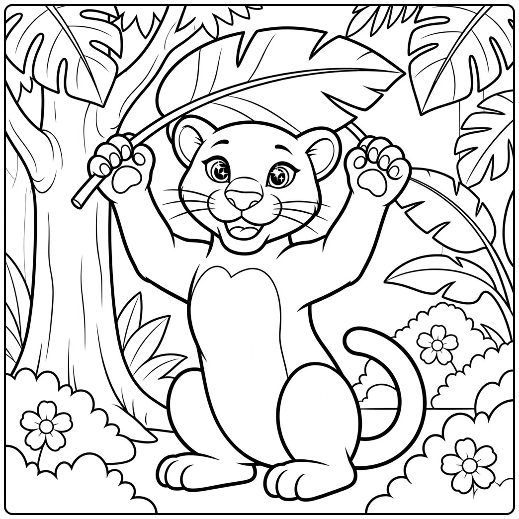 Smiling black panther holding a giant leaf overhead in a cute panther coloring page