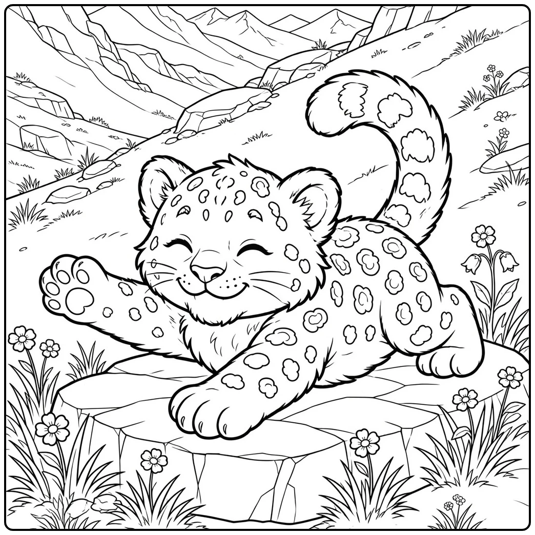 A smiling snow leopard cub stretching across a rocky ledge in a baby snow leopard coloring page