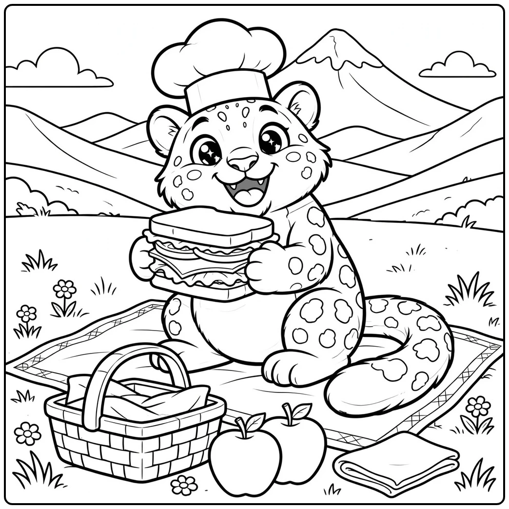 A smiling snow leopard in a chef's hat holding a sandwich on an alpine picnic blanket