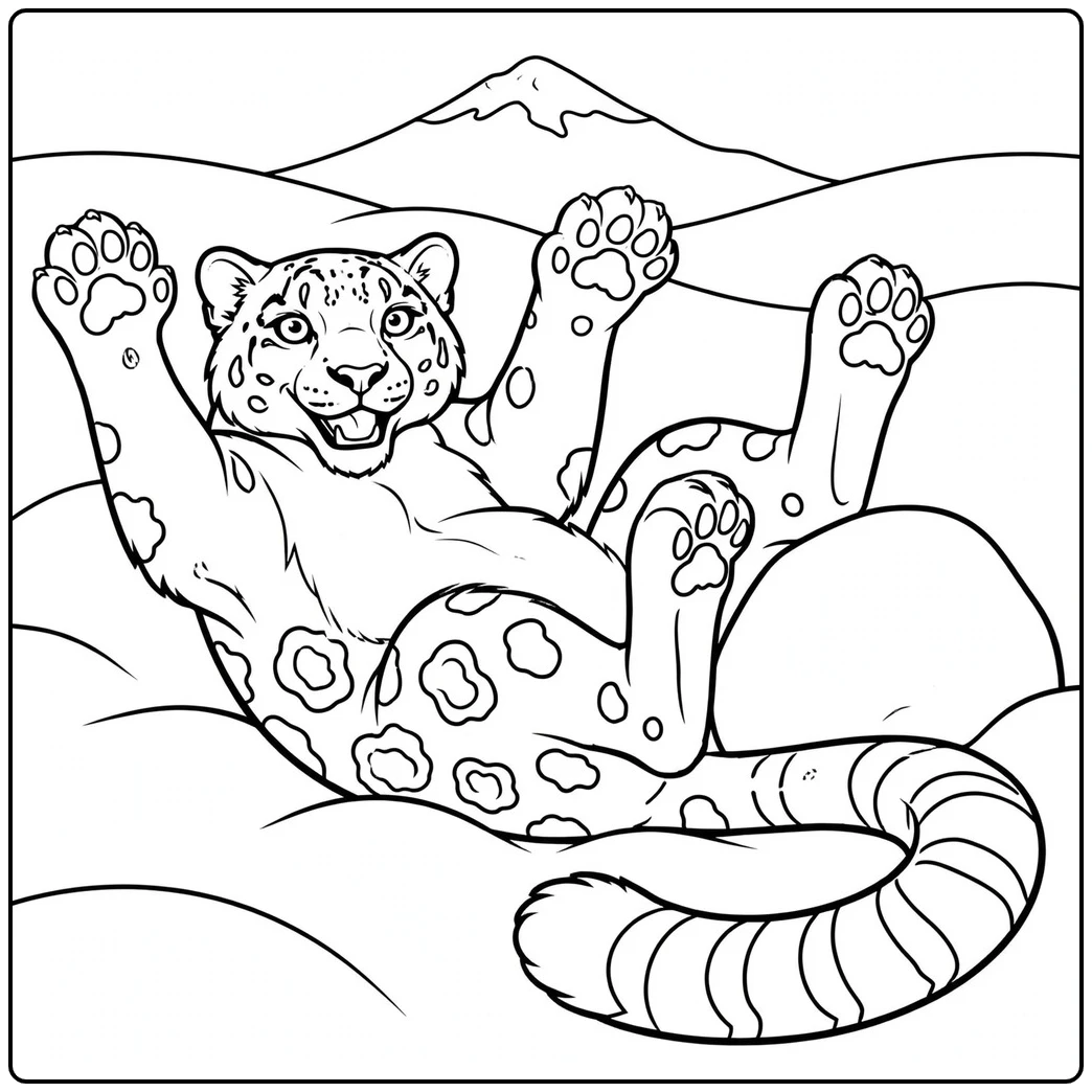 A smiling snow leopard rolling on its back in an easy snow leopard coloring page