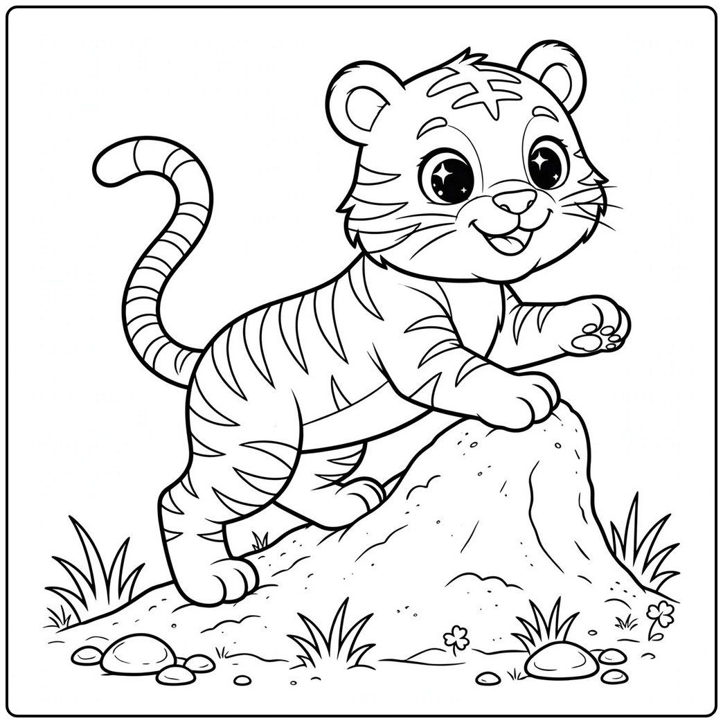 Smiling tiger climbing a small grassy mound with one paw raised