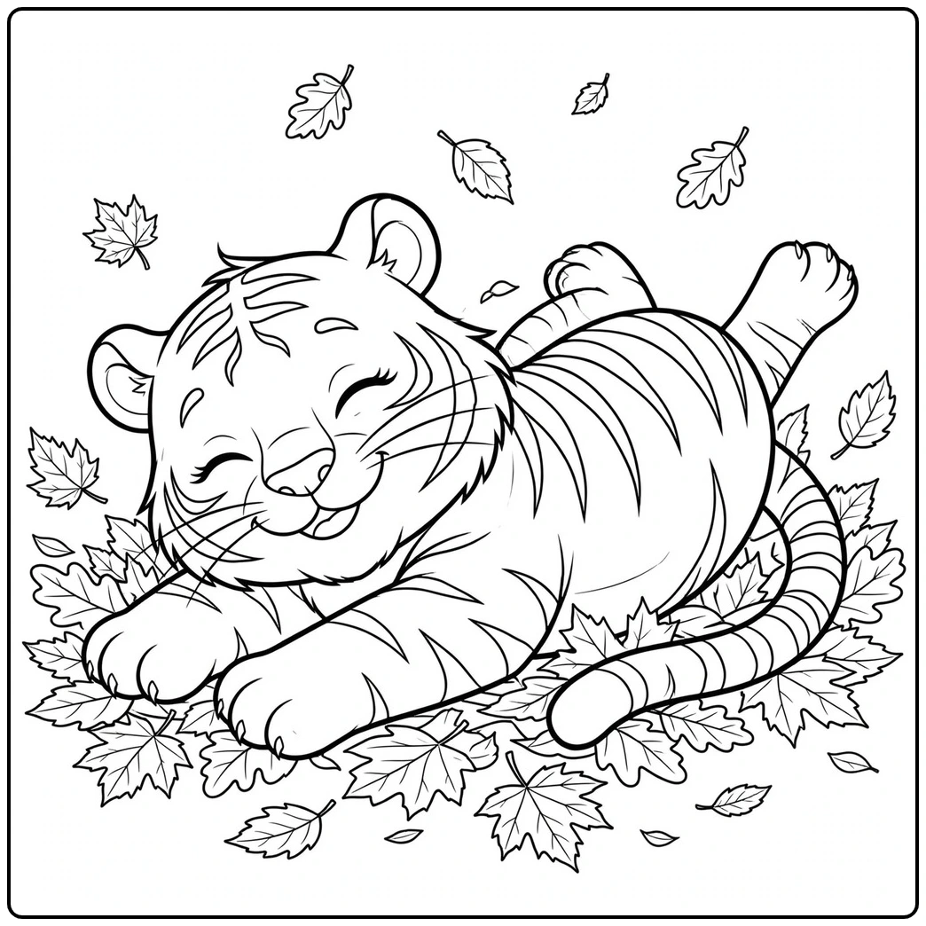 Happy tiger rolling through a pile of dry leaves with eyes gently closed
