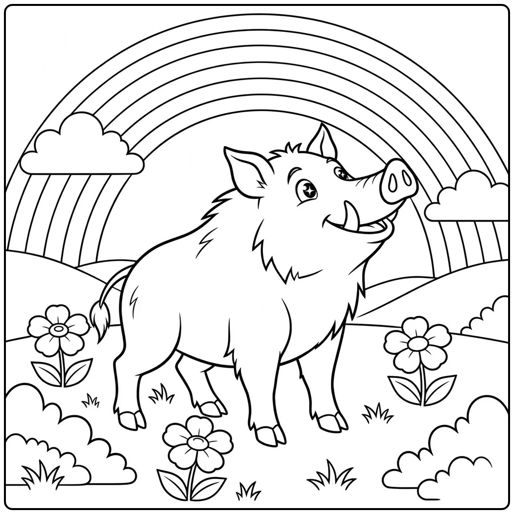 Happy wild boar coloring page with a smiling boar beneath a rainbow and fluffy clouds