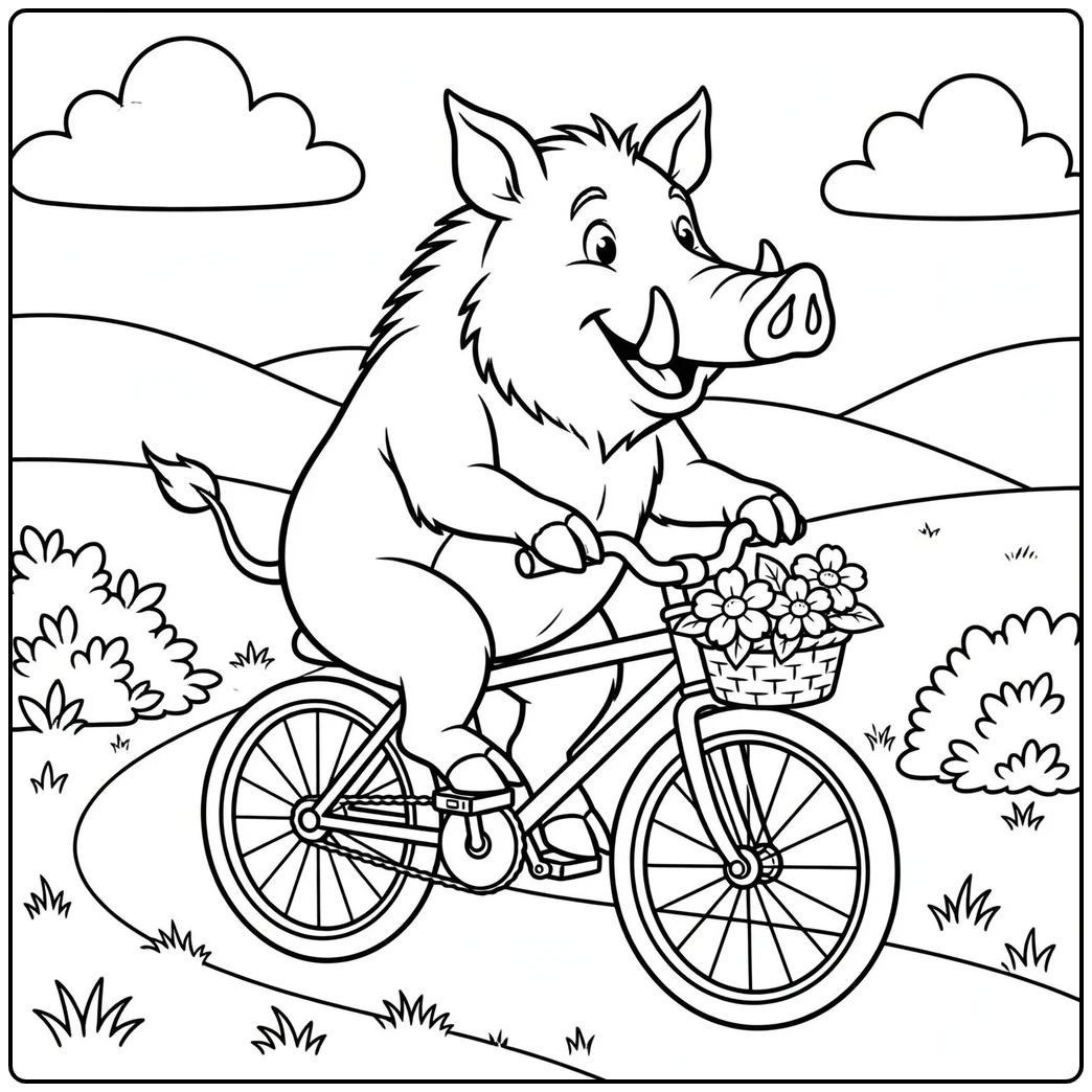 Cute wild boar coloring page featuring a smiling boar riding a bicycle with flowers
