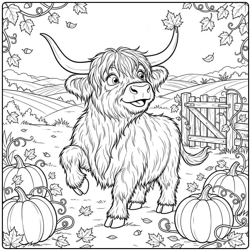 Shaggy Highland cow standing among pumpkins, vines, and falling autumn leaves