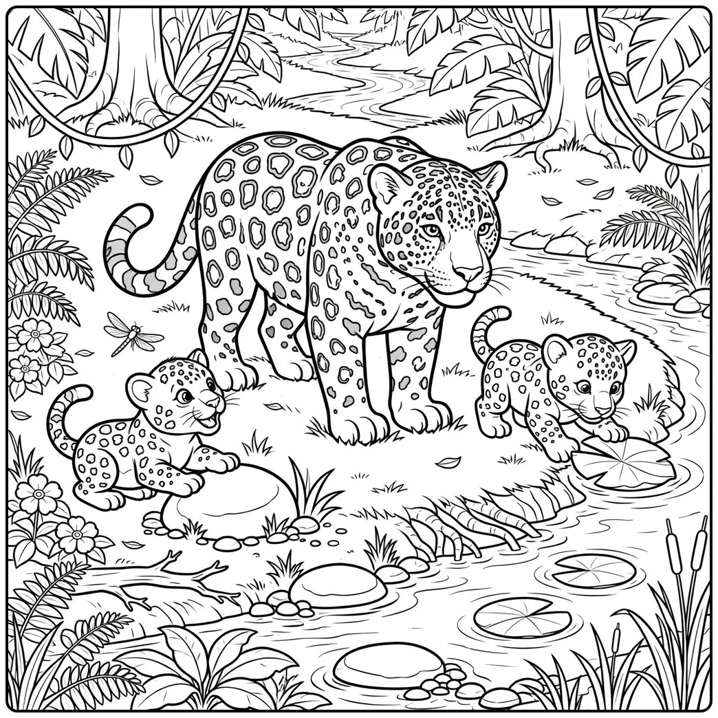 A jaguar coloring page featuring an adult jaguar and two cubs exploring beside a jungle stream