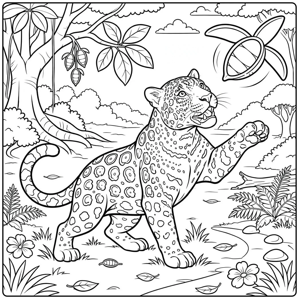Spotted jaguar reaching toward a floating winged seed pod in a leafy rainforest clearing