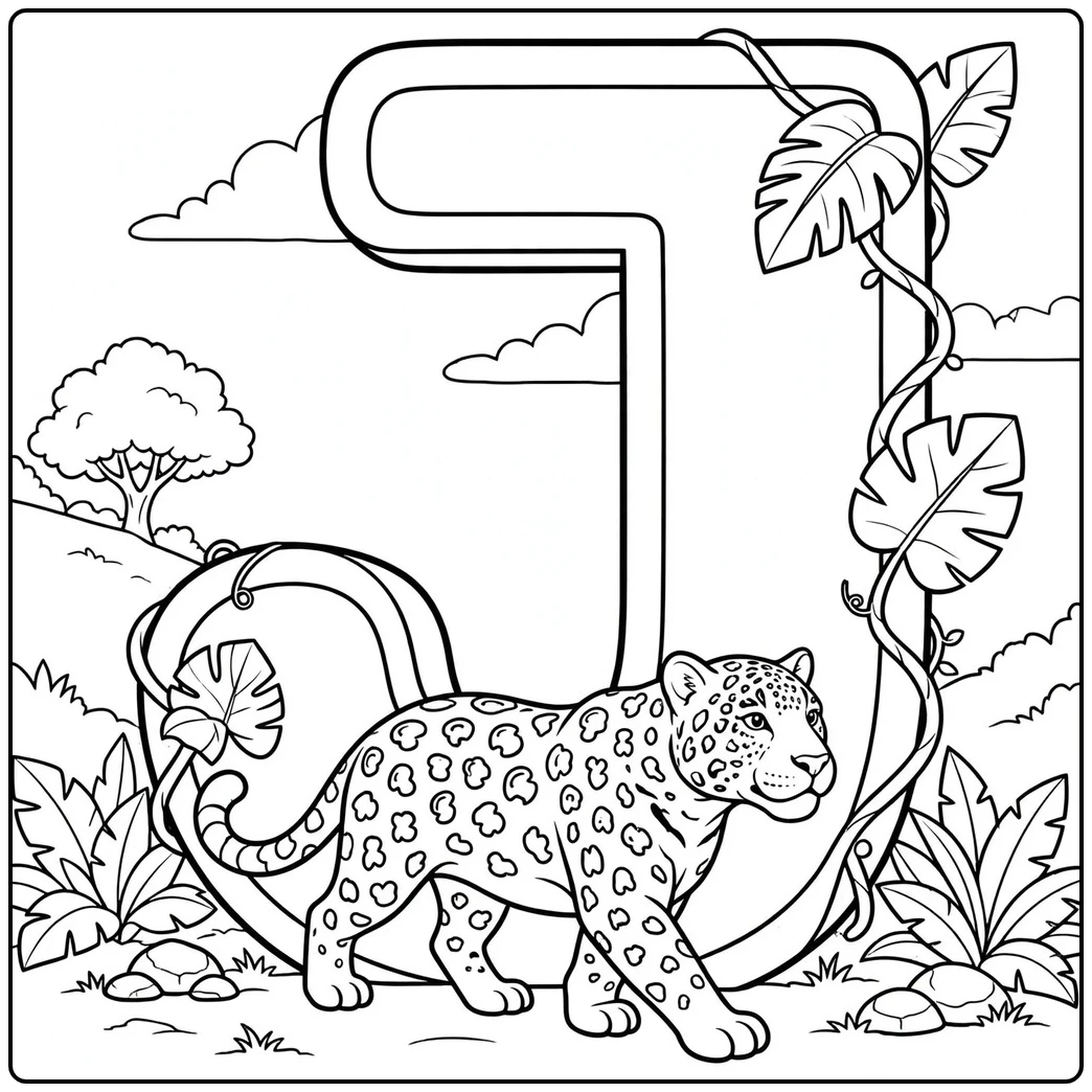 Spotted adult jaguar walking past a giant letter J wrapped in tropical vines