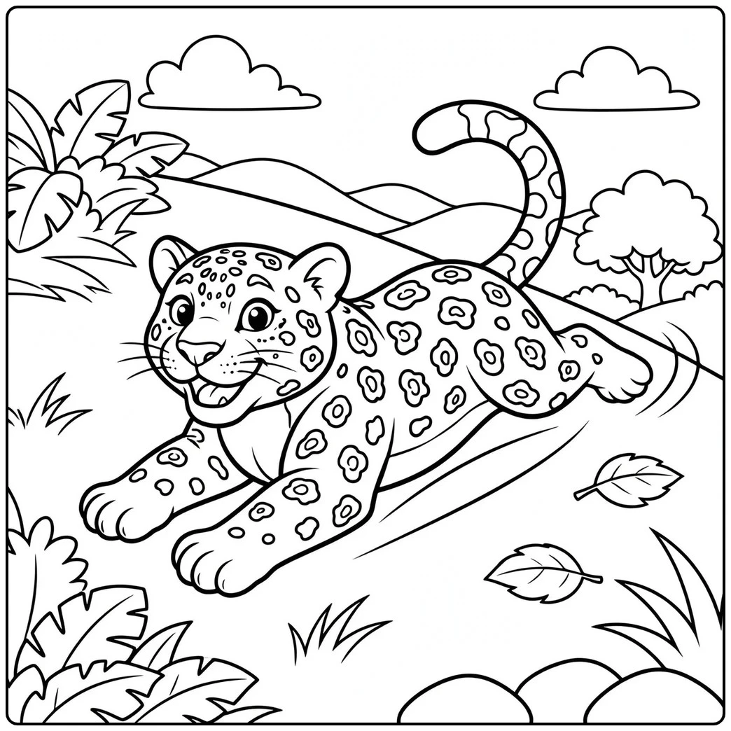 Happy jaguar sliding down a grassy hillside with its front paws stretched forward